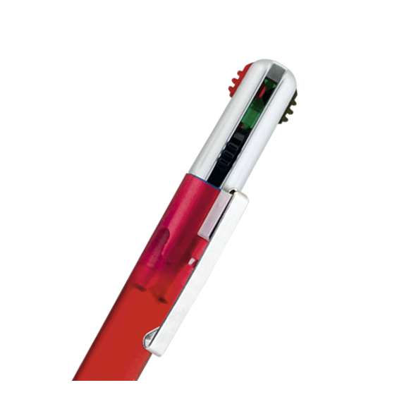  	Bolígrafo 4 en 1 de mecanismo pulsador retráctil, de clásico diseño y cuerpo de suave acabado translúcido en vivos colores. Con accesorios en plateado y suave empuñadura ergonómica en color negro. De 4 cartuchos en tintas azul, roja, negra y verde.