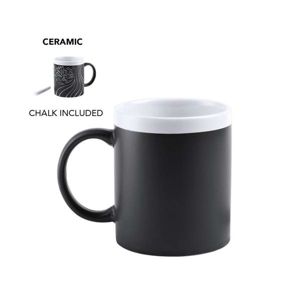 Taza de cerámica de 350ml de capacidad con cuerpo negro pizarra para pintar y boca en divertida gama de vivos colores. Tiza incluida a juego y presentada en caja individual.