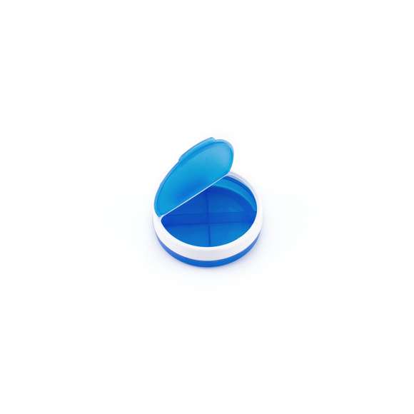 Original pastillero en diseño bicolor con tapa dispensadora de pastillas y 4 compartimentos interiores.
