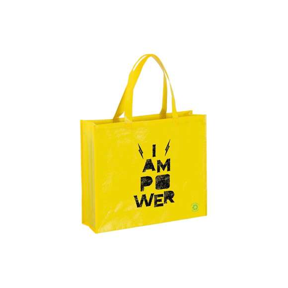 Bolsa en non-woven laminado de acabado brillante. En variada gama de vivos colores, con asas medianas reforzada de 48 cm de largo. De acabado cosido, con fuelles y ribetes reforzados.