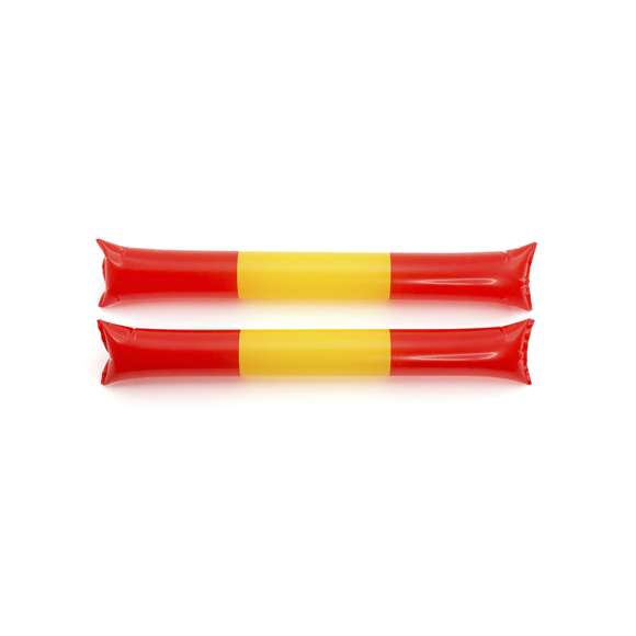  	Par de bastom sticks/aplaudidores en resistente y ruidoso material LDPE de diseño España. Reutilizables y con válvula de inflado incluida.
