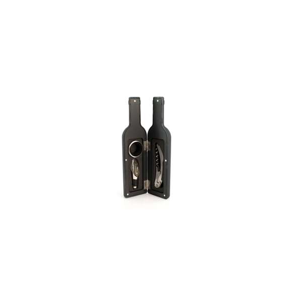 Original set de vinos en forma de botella con suave tacto exterior, cierre magnético y accesorios de acero inox. Incluye sacacorchos con cortacápsulas y abridor, tapón dosificador y recogegotas. Presentado en estuche individual con interior en suave espuma troquelada.