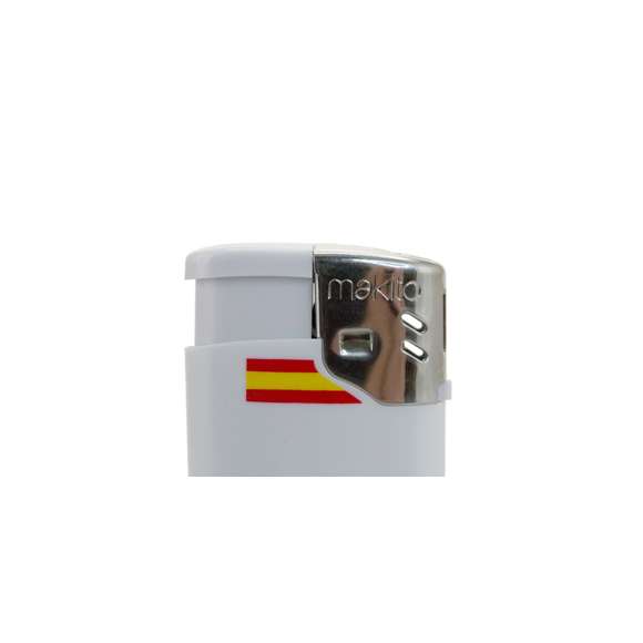 Mini encendedor a gas de mecanismo eléctrico y diseño España, en elegante color blanco sólido. Con protección infantil, recargable y regulador de llama. Servidos en cajas de 50 unidades.