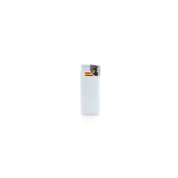 Mini encendedor a gas de mecanismo eléctrico y diseño España, en elegante color blanco sólido. Con protección infantil, recargable y regulador de llama. Servidos en cajas de 50 unidades.