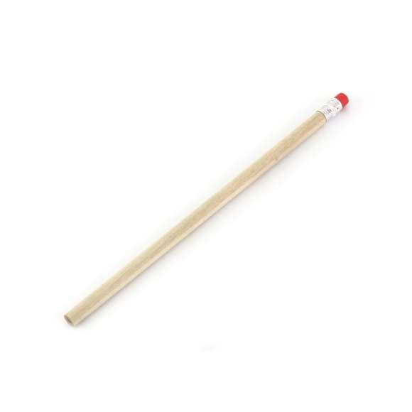 Lápiz de madera de acabado natural. Con cuerpo redondo y goma de borrar -goma disponible en variada gama de colores-. Punta sin afilar.