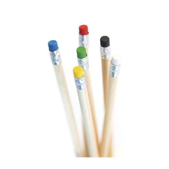 Lápiz de madera de acabado natural. Con cuerpo redondo y goma de borrar -goma disponible en variada gama de colores-. Punta sin afilar.
