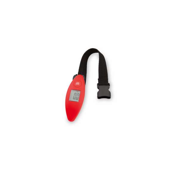 Práctica báscula digital para equipaje en vivos colores. Con pila de botón incluida y peso máximo de 40kg.