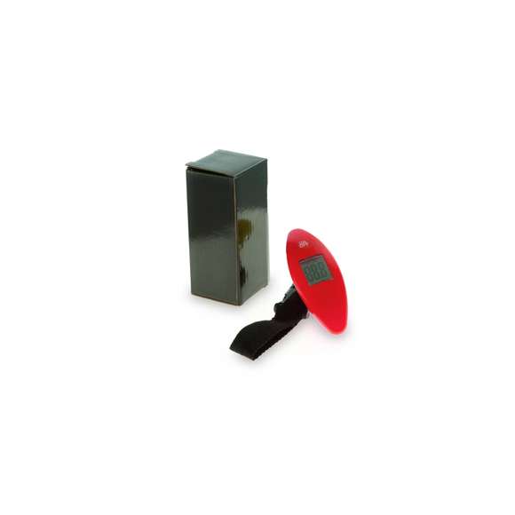 Práctica báscula digital para equipaje en vivos colores. Con pila de botón incluida y peso máximo de 40kg.
