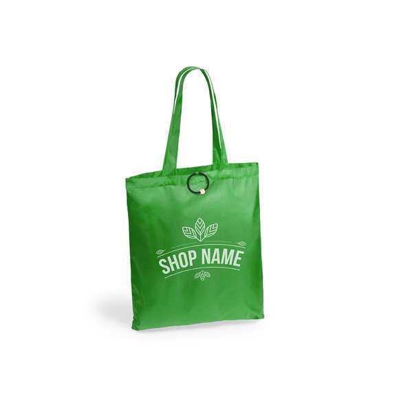 Bolsa plegable en divertidos y variados colores. De suave poliéster 190T, con elástico para plegado y de acabado cosido.