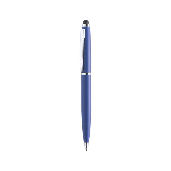  	Bolígrafo puntero de mecanismo giratorio con cuerpo metálico de suave acabado en alegres colores. Accesorios y anillas en color plateado. Tinta azul.