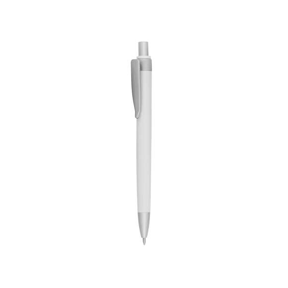  	Bolígrafo de mecanismo pulsador de atrevido diseño bicolor con accesorios en gris plateado y cuerpo de suave acabado en vivos colores. Con original clip a juego. Tinta azul.