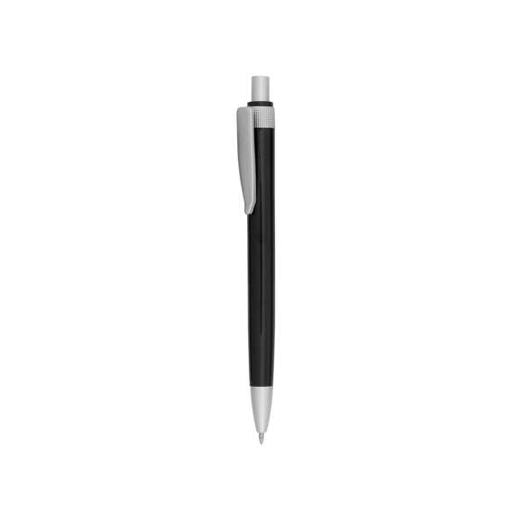  	Bolígrafo de mecanismo pulsador de atrevido diseño bicolor con accesorios en gris plateado y cuerpo de suave acabado en vivos colores. Con original clip a juego. Tinta azul.