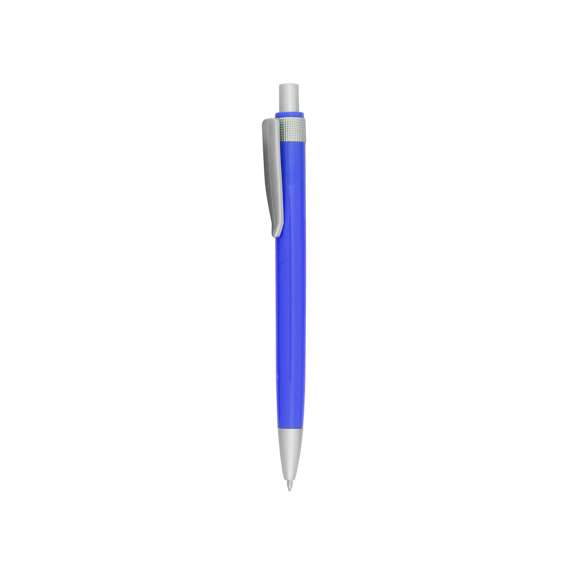  	Bolígrafo de mecanismo pulsador de atrevido diseño bicolor con accesorios en gris plateado y cuerpo de suave acabado en vivos colores. Con original clip a juego. Tinta azul.