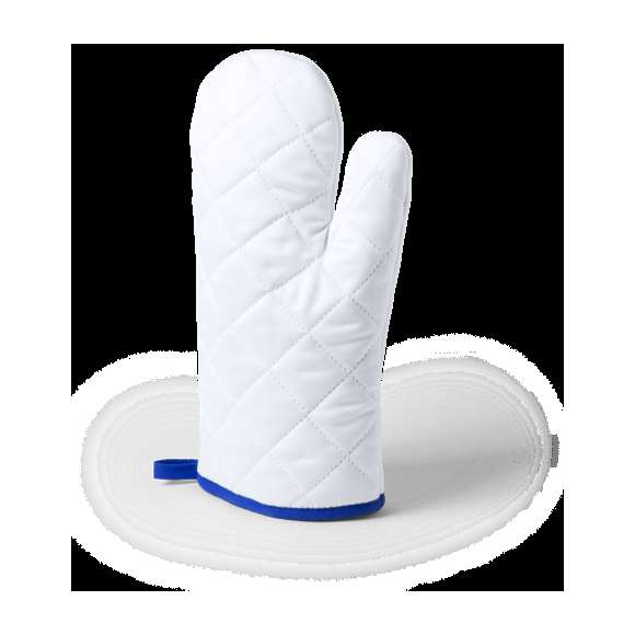  	Manopla de cocina en suave material 100% poliéster de suave acabado en color blanco y con bordes en vivos colores. Con una cara lisa especialmente diseñada para sublimación y cinta para colgar.
