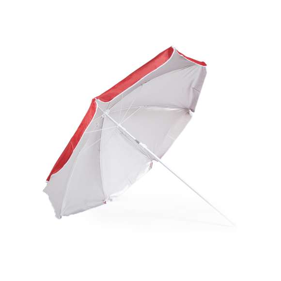 Sombrilla de playa de 8 paneles en resistente nylon. Interior en color gris plateado con protección UV, con tubo telescópico inclinable y ajustable en altura. 200cm de diámetro, con faldones laterales ribeteados, tubos metalizados en color blanco y disponible en una amplia gama de colores. Presentada en funda de nylon con cinta de transporte para hombro.