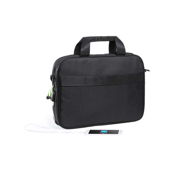 Portadocumentos en resistente poliéster 600D de acabado en color negro y de cierre de cremallera. Con salida para auriculares y compartimento interior con salida USB para conexión de powerbank -no incluido-. Con resistentes asas reforzadas y accesorio en la parte posterior para acople en barra de trolley. Interior con compartimento acolchado para ordenador portátil de hasta 15 pulgadas y compartimento para tablet de hasta 10 pulgadas. Con Multitud de bolsillos interiores y exteriores y cinta bandolera ajustable con cierre de mosquetón.