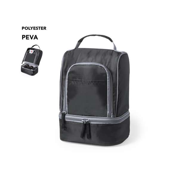 Nevera todoterreno en poliéster 210D de vivos colores y con dos compartimentos independientes con cierre de cremallera. Con bolsillo frontales, uno de ellos con cremallera, e interior isotermo en acabado PEVA. Práctica asa de transporte reforzada a juego.