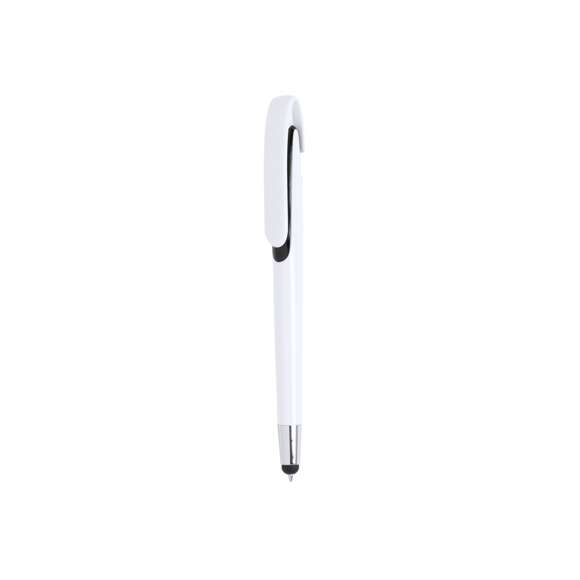  	Bolígrafo puntero de mecanismo pulsador con cuerpo de acabado brillante en color blanco y accesorios en variada gama de vivos colores. Con clip maxi y tinta azul.