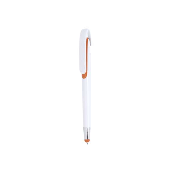  	Bolígrafo puntero de mecanismo pulsador con cuerpo de acabado brillante en color blanco y accesorios en variada gama de vivos colores. Con clip maxi y tinta azul.