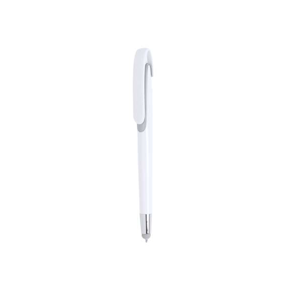  	Bolígrafo puntero de mecanismo pulsador con cuerpo de acabado brillante en color blanco y accesorios en variada gama de vivos colores. Con clip maxi y tinta azul.