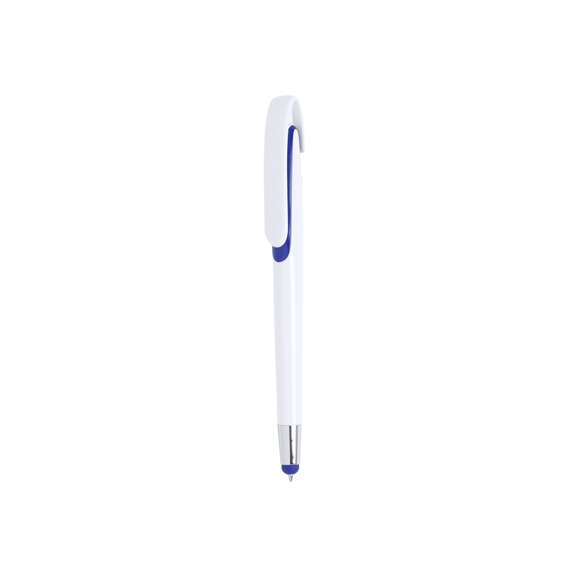  	Bolígrafo puntero de mecanismo pulsador con cuerpo de acabado brillante en color blanco y accesorios en variada gama de vivos colores. Con clip maxi y tinta azul.