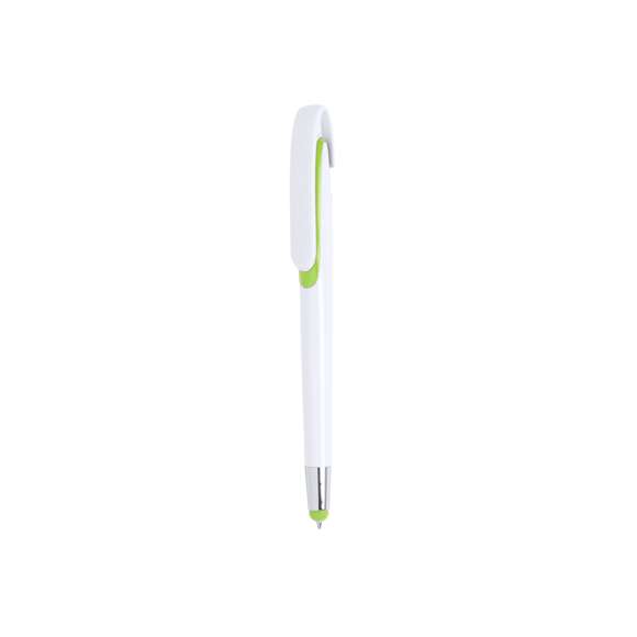  	Bolígrafo puntero de mecanismo pulsador con cuerpo de acabado brillante en color blanco y accesorios en variada gama de vivos colores. Con clip maxi y tinta azul.