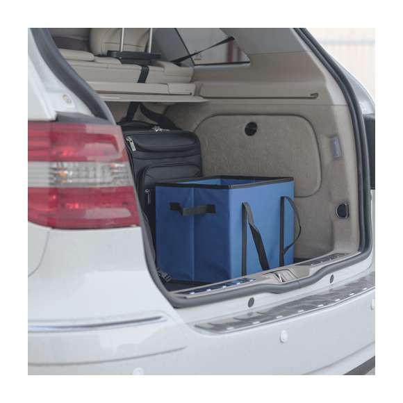 Organizador plegable para el maletero del coche en resistente non-woven de vivos colores. Con asas de transporte reforzadas, asa lateral, bolsillo frontal y base rígida para un firme ajuste.
