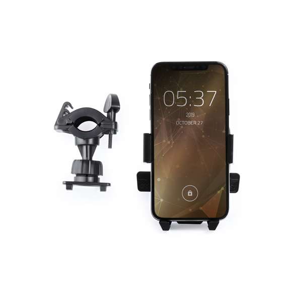 Práctico y resistente soporte de manillar para smartphone. Con 3 posiciones, rotación 360º y ángulo de inclinación de hasta 45º. Sólida pinza de agarre y presentado en atractiva caja de diseño.