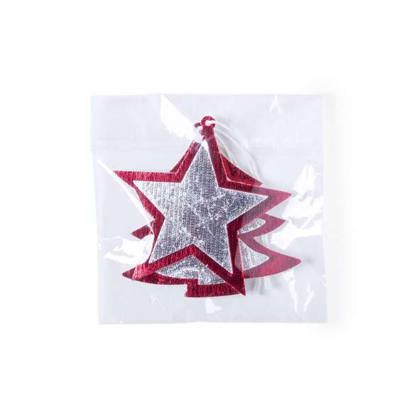 Set de figuras navideñas para colgar en material non-woven. Incluye árbol de navidad y estrella.