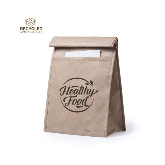 Bolsa térmica en papel resistente a la humedad de 85g/m2. Con interior isotermo acabado en aluminio, bolsillo exterior y cierre de velcro. 2,3 litros de capacidad.