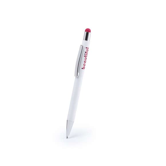 Bolígrafo puntero de mecanismo pulsador con cuerpo de aluminio en elegante color blanco mate. Puntero en variada gama de colores, a juego con el color del interior y con detalles cromados. Recubrimiento exterior especialmente diseñado para marcaje en láser, con el que conseguirá que su publicidad o marca quede perfectamente grabada en color a juego con el del interior. Con cartucho jumbo y tinta azul.