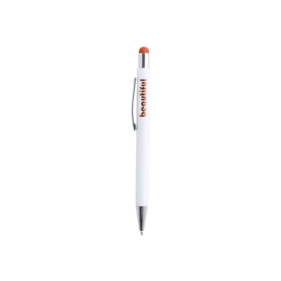 Bolígrafo puntero de mecanismo pulsador con cuerpo de aluminio en elegante color blanco mate. Puntero en variada gama de colores, a juego con el color del interior y con detalles cromados. Recubrimiento exterior especialmente diseñado para marcaje en láser, con el que conseguirá que su publicidad o marca quede perfectamente grabada en color a juego con el del interior. Con cartucho jumbo y tinta azul.