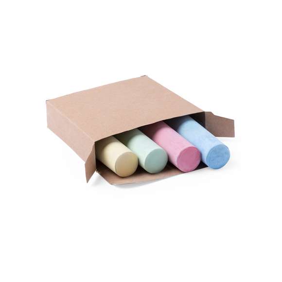 Caja de tizas tamaño XL. Estuche en cartón reciclado, con 4 tizas en colores azul, rojizo, verde y amarillo.