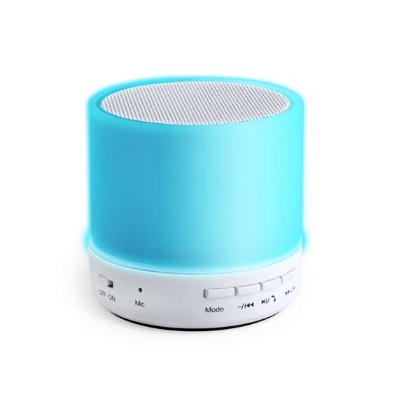  	Altavoz de Tecnología Led Inteligente y conexión Bluetooth®. 3W de potencia, con ranura USB para reproducir música desde unidad externa y función manos libres. Ranura para tarjetas micro SD de hasta 32 GB de capacidad, entrada auxiliar de línea mediante conexión jack de 3,5mm y base antideslizante. Radio FM, con luz multicolor, recargable mediante cable USB -incluido- y presentado en una atractiva caja de diseño.
