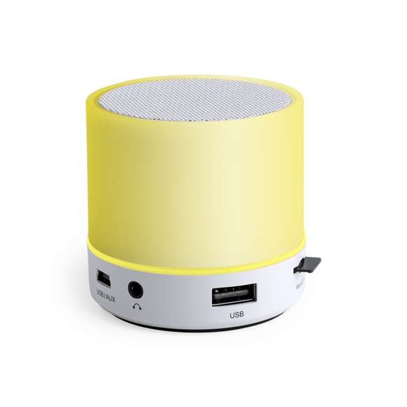  	Altavoz de Tecnología Led Inteligente y conexión Bluetooth®. 3W de potencia, con ranura USB para reproducir música desde unidad externa y función manos libres. Ranura para tarjetas micro SD de hasta 32 GB de capacidad, entrada auxiliar de línea mediante conexión jack de 3,5mm y base antideslizante. Radio FM, con luz multicolor, recargable mediante cable USB -incluido- y presentado en una atractiva caja de diseño.