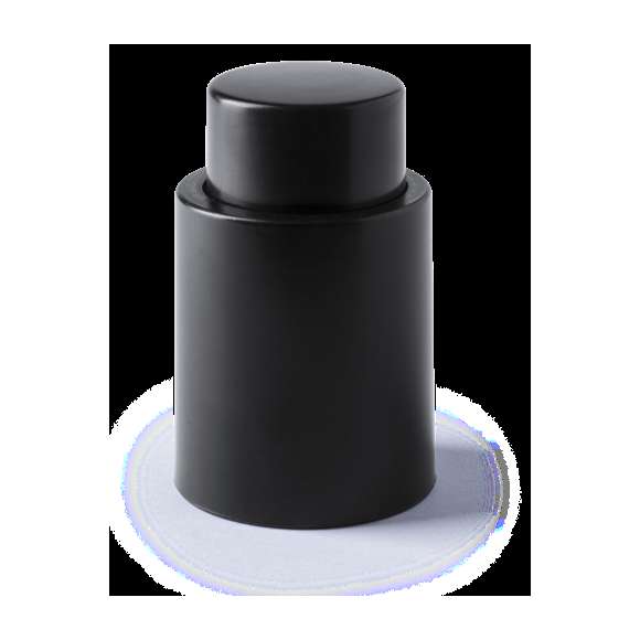 Tapón con bomba de vacío para botellas de vino en elegante diseño de color negro. Parte superior del tapón para marcaje en tampografía. Presentado en caja individual.