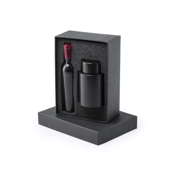 Original set de vinos con sacacorchos en forma de botella de vino y tapón con bomba de vacío. Presentado en estuche individual de cartón negro con interior en suave espuma troquelada.