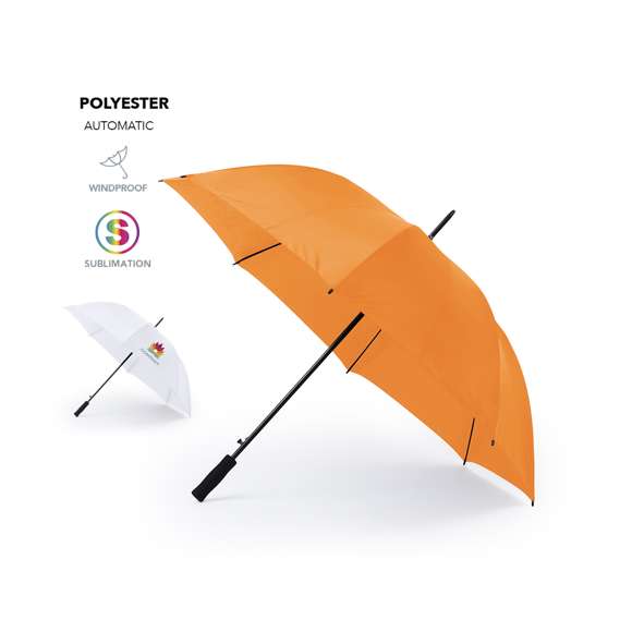 Paraguas de 8 paneles tamaño XL -130cm diámetro- con sistema antiviento. Apertura automática, en resistente poliéster y con varillas de fibra en color negro. Con mango acolchado de EVA y cierre de velcro. Disponible en extensa gama de colores.