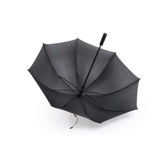 Paraguas de 8 paneles tamaño XL -130cm diámetro- con sistema antiviento. Apertura automática, en resistente poliéster y con varillas de fibra en color negro. Con mango acolchado de EVA y cierre de velcro. Disponible en extensa gama de colores.