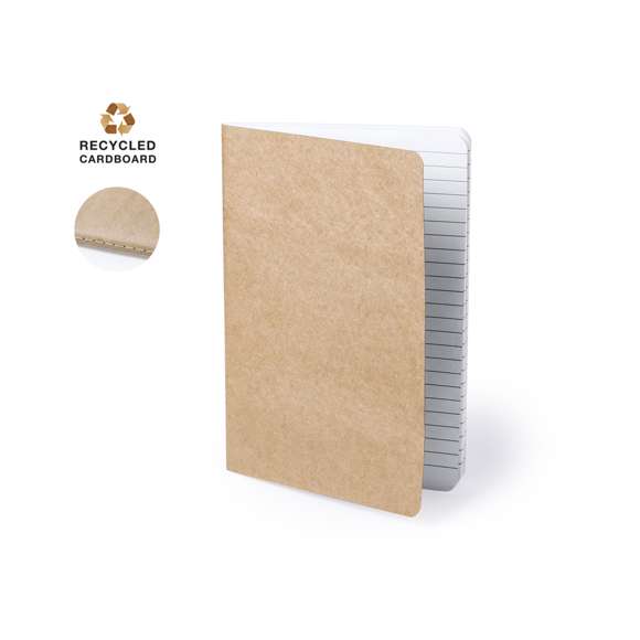 Original libreta con tapas de cartón reciclado y acabado cosido a juego en el lomo. Incluye 60 hojas con disposición a una raya.