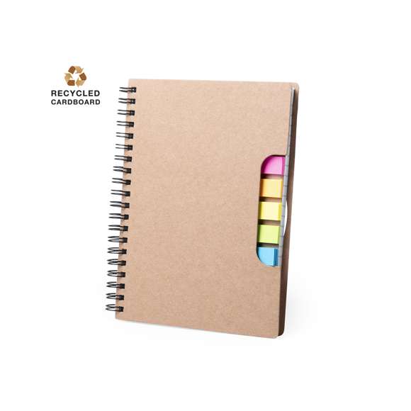 Libreta de anillas con tapas en cartón reciclado. Con original portada troquelada que muestra los colores de las notas adhesivas del interior. Incluye bloc de 60 hojas con disposición a una raya y 125 notas adhesivas pequeñas.