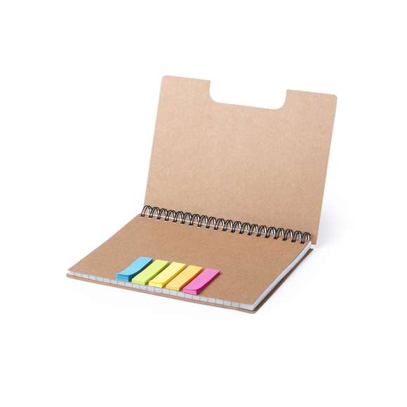 Libreta de anillas con tapas en cartón reciclado. Con original portada troquelada que muestra los colores de las notas adhesivas del interior. Incluye bloc de 60 hojas con disposición a una raya y 125 notas adhesivas pequeñas.