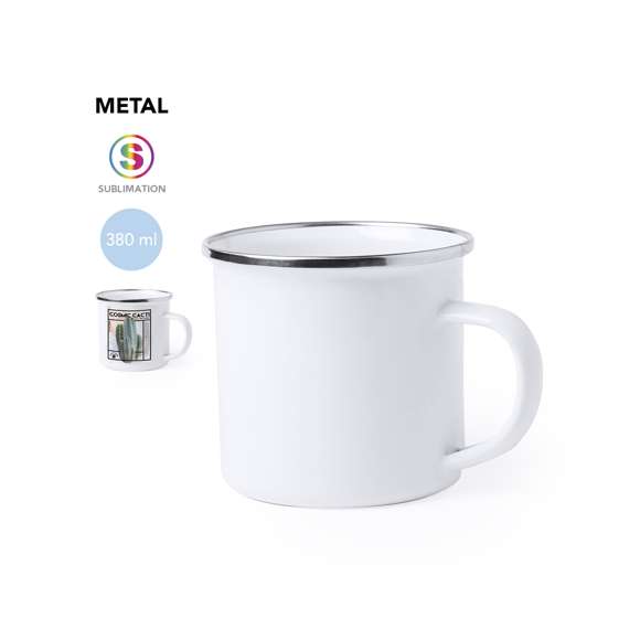 Taza metálica de diseño retro y 380ml de capacidad, con pequeñas imperfecciones para un aspecto vintage . Especialmente diseñada para marcaje en sublimación, con elegante anilla cromada y presentada en caja individual.