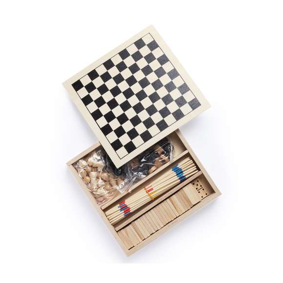  	Set de juegos en madera. Incluye mikado, ajedrez, damas y dominó. Presentado en estuche de madera con tapa-tablero. Tablero con lado liso para marcaje.
