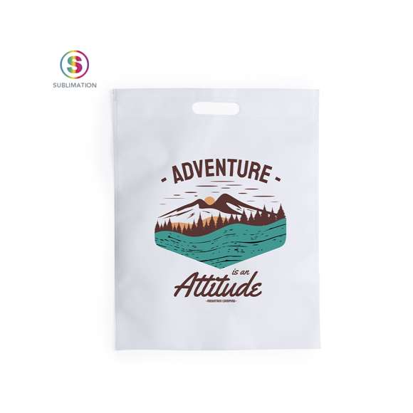 Bolsa en non-woven de 80g/m2. Especialmente diseñada para sublimación, con asas troqueladas y acabado termosellado. Resistencia hasta 6kg de peso.