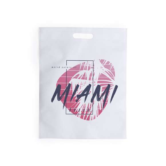 Bolsa en non-woven de 80g/m2. Especialmente diseñada para sublimación, con asas troqueladas y acabado termosellado. Resistencia hasta 6kg de peso.
