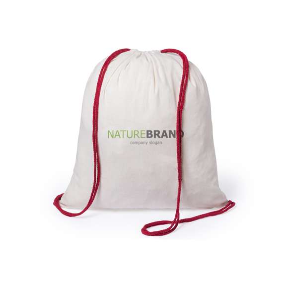 Mochila de cuerdas en línea nature fabricada en algodón 100% de 120g/m2. Cuerpo en color crudo natural y cordones trenzados en variada gama de colores. Esquinas reforzadas.