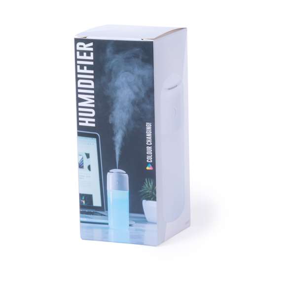  	Elegante y decorativo humidificador con con luz led de 2 posiciones e iluminación multicolor. Cuenta con 2 tipos de vaporización: modo continuo y a intervalos. Para uso en estancias de hasta 25m2, con filtro de recambio y cable de corriente USB. Presentado en atractiva caja de diseño.