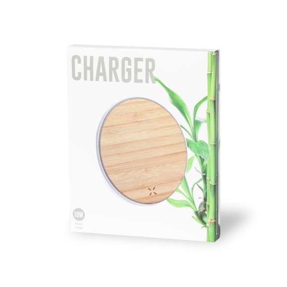Cargador inalámbrico de línea nature, con base de carga en madera de bambú. Base antideslizante y compatible con dispositivos equipados con tecnología de carga inalámbrica. Presentado en atractiva caja de diseño. Cable USB incluido.
