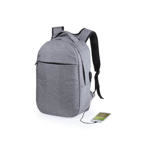 Mochila de seguridad, con diseño urbano en resistente poliéster 300D. Bolsillo interior con protección de seguridad RFID (Identificación por Radio Frecuencia) que mantiene seguros los datos de la tarjeta y demás dispositivos. Compartimento principal con elegante tapeta en la cremallera. Con conexión USB -powerbank no incluido- y bolsillo interior acolchado para ordenador portátil de hasta 15 pulgadas. Parte trasera y cintas acolchadas.